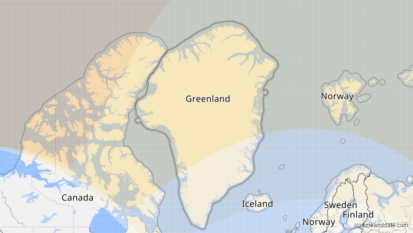 A map of Grönland, showing the path of the 11. Aug 2018 Partielle Sonnenfinsternis