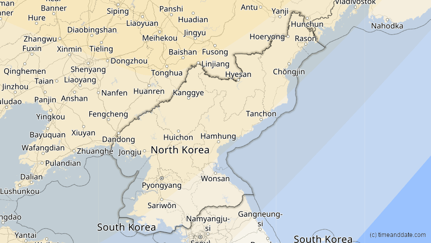A map of Nordkorea, showing the path of the 11. Aug 2018 Partielle Sonnenfinsternis