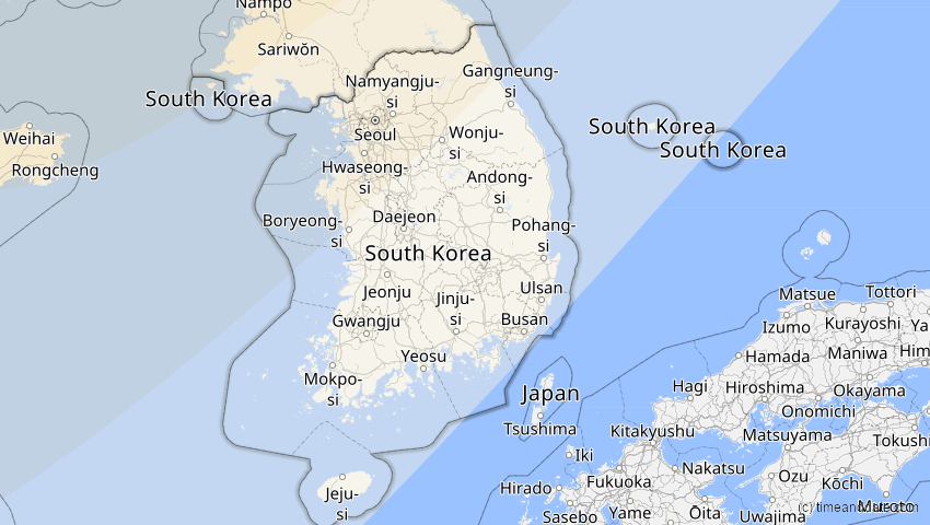 A map of Südkorea, showing the path of the 11. Aug 2018 Partielle Sonnenfinsternis