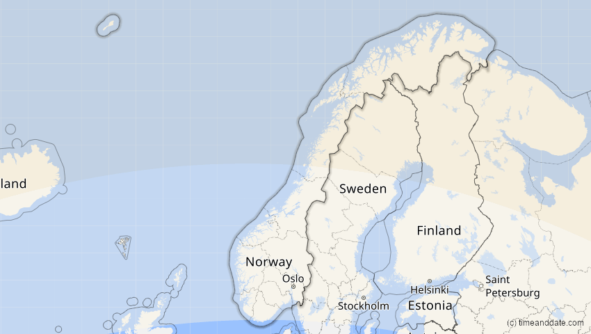 A map of Norwegen, showing the path of the 11. Aug 2018 Partielle Sonnenfinsternis