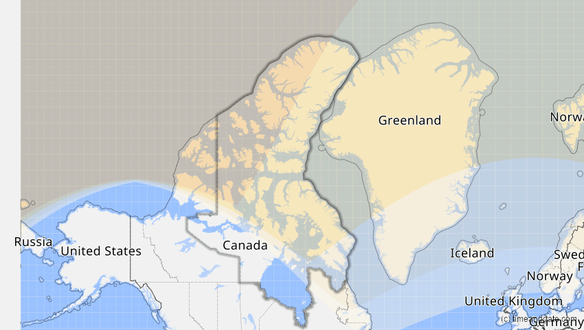 A map of Nunavut, Kanada, showing the path of the 11. Aug 2018 Partielle Sonnenfinsternis