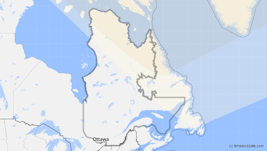 A map of Québec, Kanada, showing the path of the 11. Aug 2018 Partielle Sonnenfinsternis