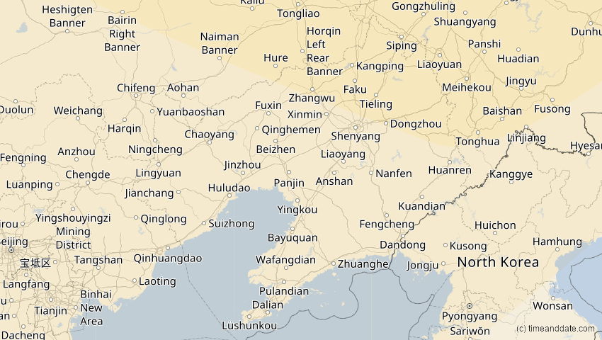 A map of Liaoning, China, showing the path of the 11. Aug 2018 Partielle Sonnenfinsternis