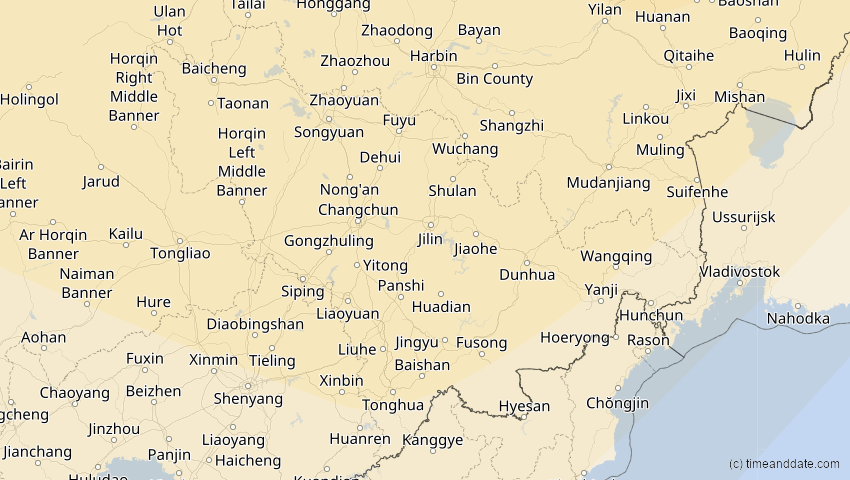 A map of Jilin, China, showing the path of the 11. Aug 2018 Partielle Sonnenfinsternis