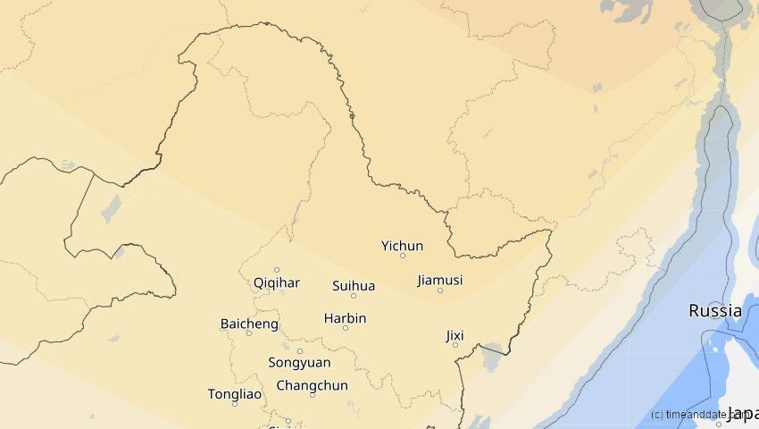 A map of Heilongjiang, China, showing the path of the 11. Aug 2018 Partielle Sonnenfinsternis