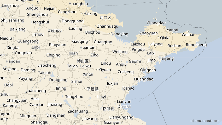 A map of Shandong, China, showing the path of the 11. Aug 2018 Partielle Sonnenfinsternis