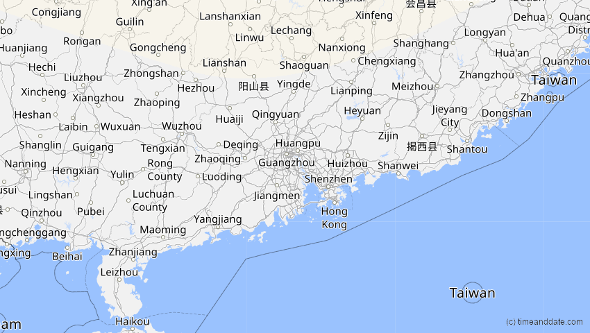 A map of Guangdong, China, showing the path of the 11. Aug 2018 Partielle Sonnenfinsternis