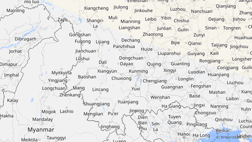 A map of Yunnan, China, showing the path of the 11. Aug 2018 Partielle Sonnenfinsternis