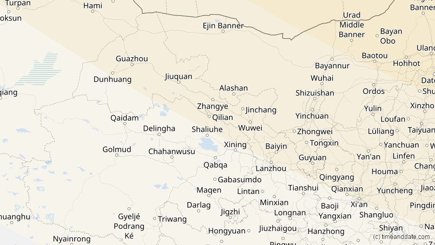 A map of Gansu, China, showing the path of the 11. Aug 2018 Partielle Sonnenfinsternis