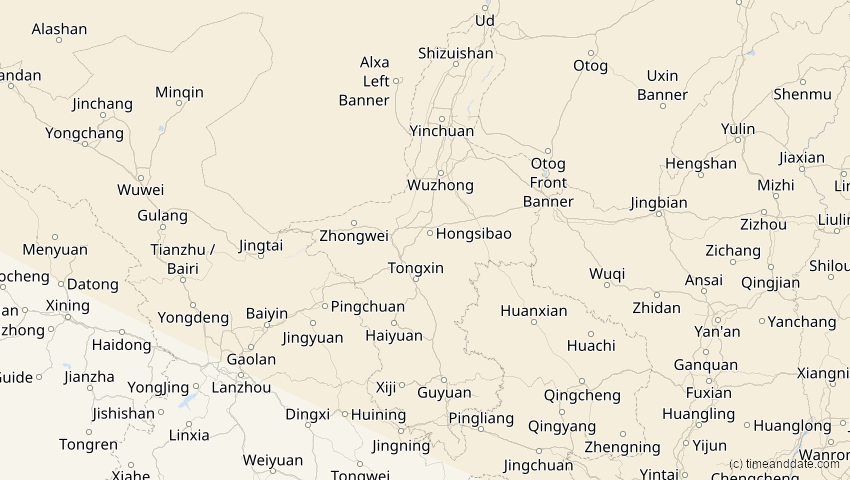 A map of Ningxia, China, showing the path of the 11. Aug 2018 Partielle Sonnenfinsternis