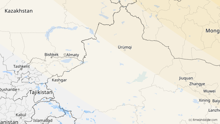 A map of Xinjiang, China, showing the path of the 11. Aug 2018 Partielle Sonnenfinsternis