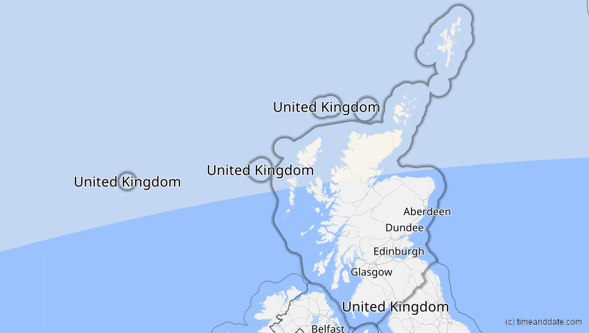 A map of Schottland, Großbritannien, showing the path of the 11. Aug 2018 Partielle Sonnenfinsternis