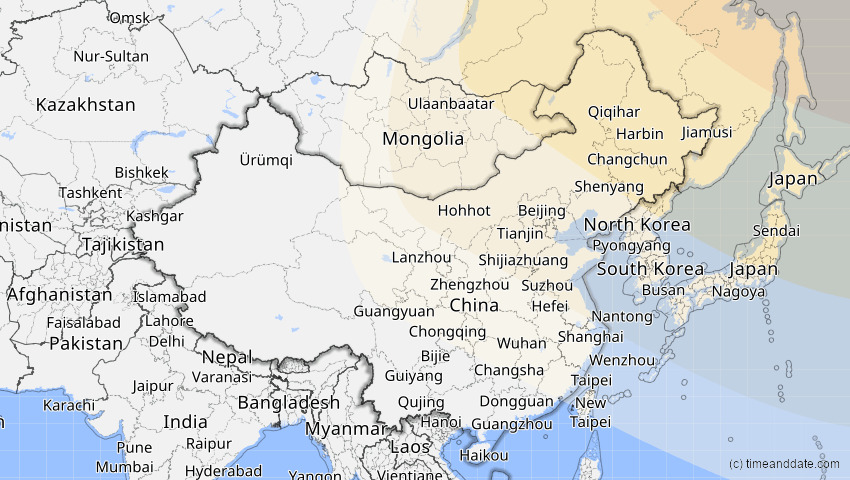 A map of China, showing the path of the 6. Jan 2019 Partielle Sonnenfinsternis