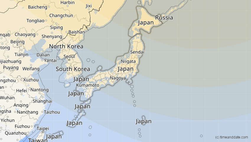 A map of Japan, showing the path of the 6. Jan 2019 Partielle Sonnenfinsternis
