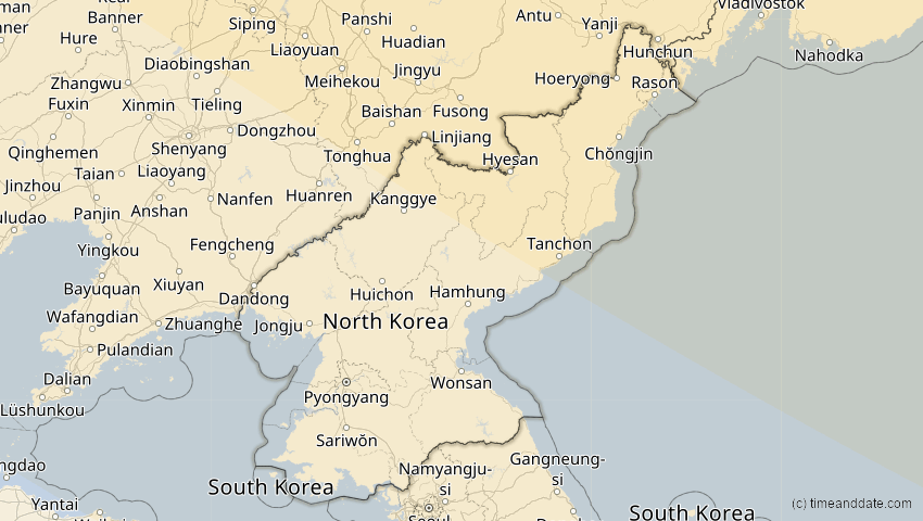 A map of Nordkorea, showing the path of the 6. Jan 2019 Partielle Sonnenfinsternis