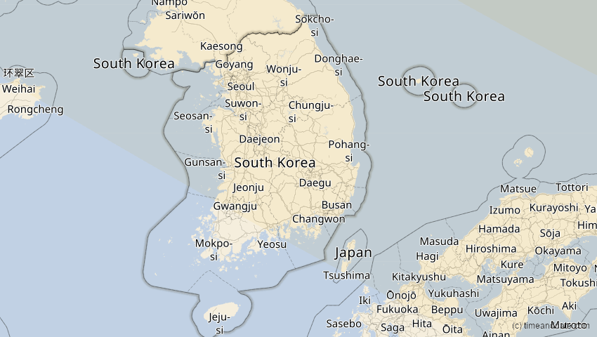 A map of Südkorea, showing the path of the 6. Jan 2019 Partielle Sonnenfinsternis