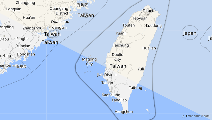 A map of Taiwan, showing the path of the 6. Jan 2019 Partielle Sonnenfinsternis