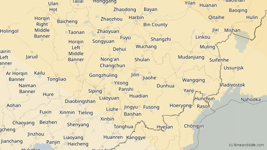 A map of Jilin, China, showing the path of the 6. Jan 2019 Partielle Sonnenfinsternis