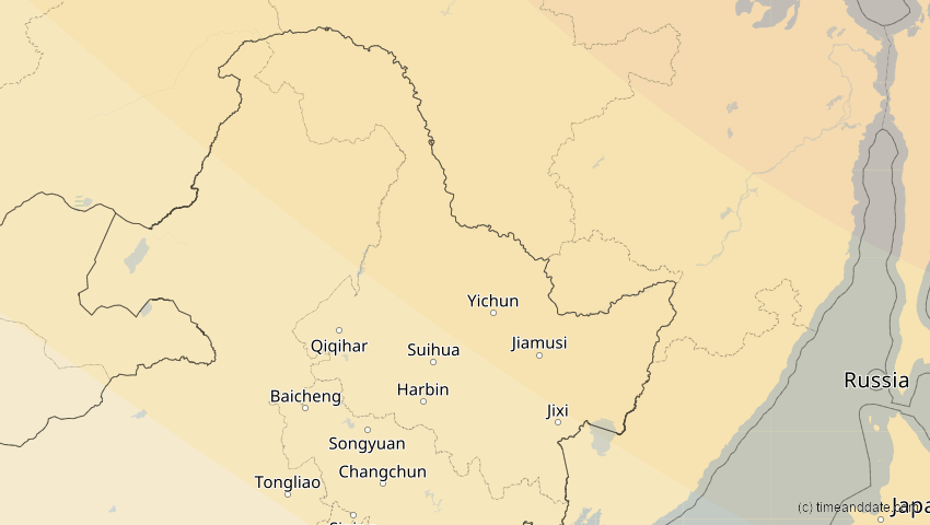 A map of Heilongjiang, China, showing the path of the 6. Jan 2019 Partielle Sonnenfinsternis