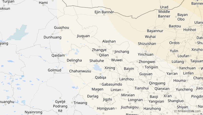 A map of Gansu, China, showing the path of the 6. Jan 2019 Partielle Sonnenfinsternis
