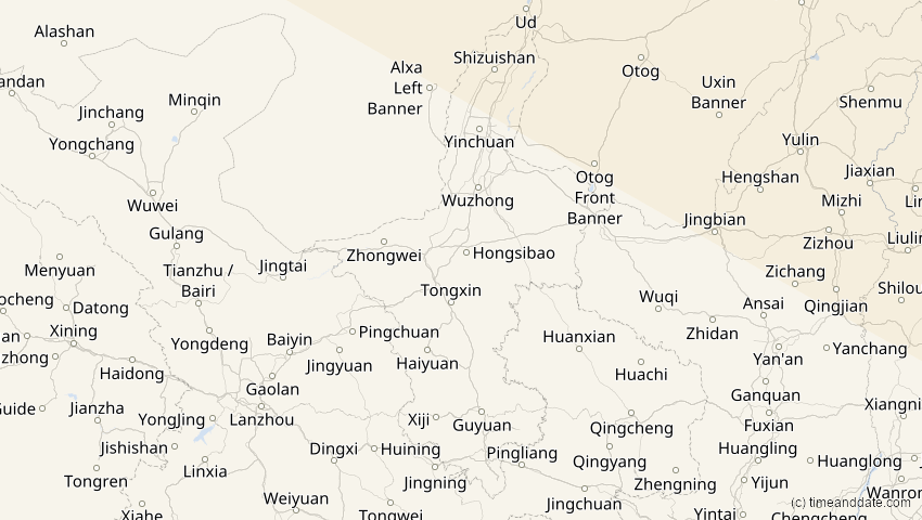 A map of Ningxia, China, showing the path of the 6. Jan 2019 Partielle Sonnenfinsternis