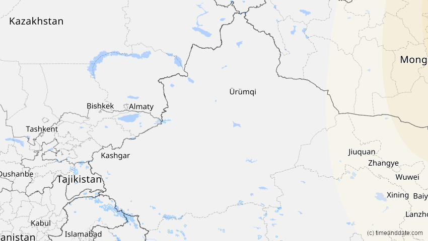 A map of Xinjiang, China, showing the path of the 6. Jan 2019 Partielle Sonnenfinsternis