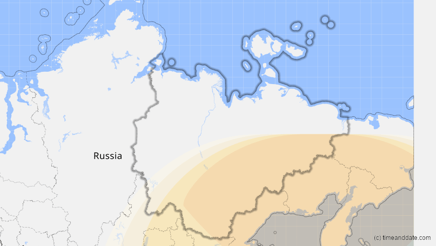 A map of Sacha (Jakutien), Russland, showing the path of the 6. Jan 2019 Partielle Sonnenfinsternis
