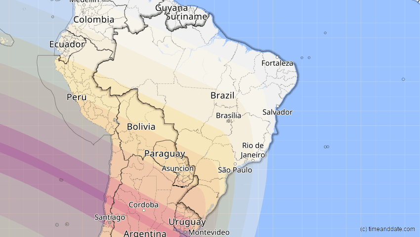 A map of Brasilien, showing the path of the 2. Jul 2019 Totale Sonnenfinsternis