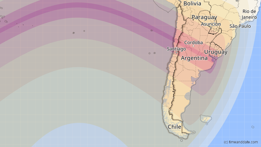 A map of Chile, showing the path of the 2. Jul 2019 Totale Sonnenfinsternis