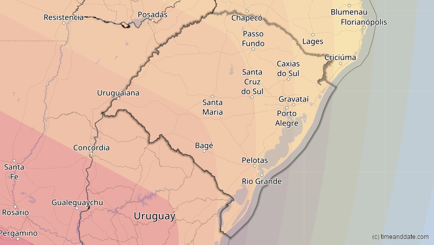 A map of Rio Grande do Sul, Brasilien, showing the path of the 2. Jul 2019 Totale Sonnenfinsternis