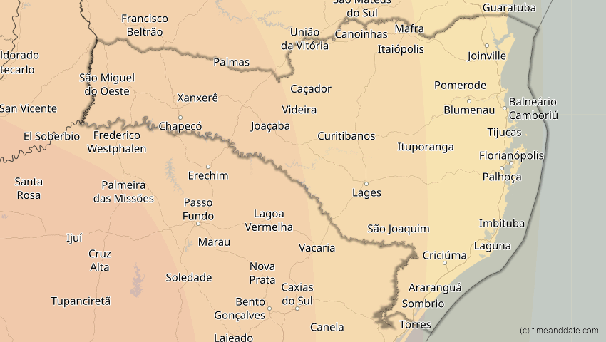 A map of Santa Catarina, Brasilien, showing the path of the 2. Jul 2019 Totale Sonnenfinsternis