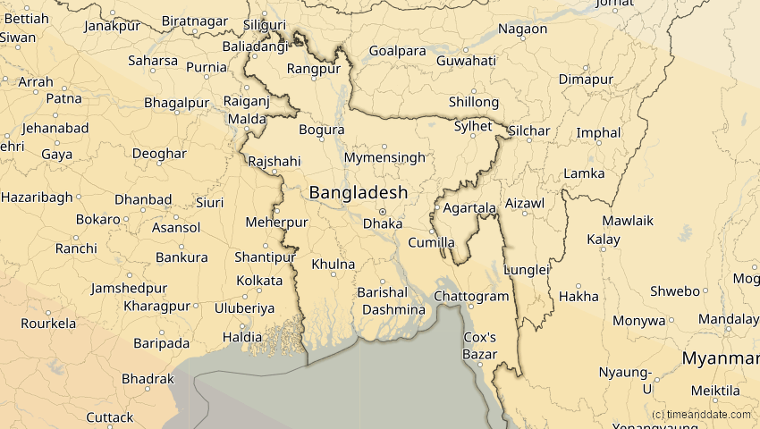 A map of Bangladesch, showing the path of the 26. Dez 2019 Ringförmige Sonnenfinsternis