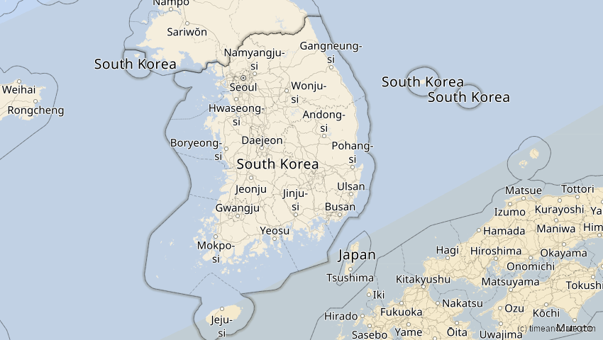 A map of Südkorea, showing the path of the 26. Dez 2019 Ringförmige Sonnenfinsternis