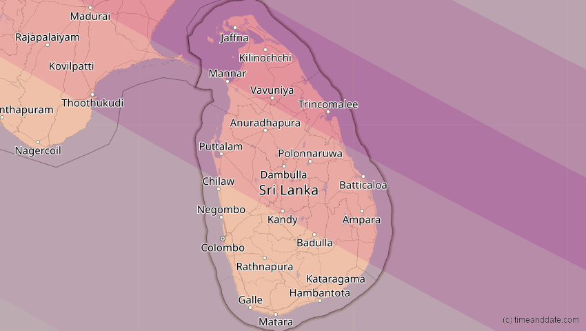 A map of Sri Lanka, showing the path of the 26. Dez 2019 Ringförmige Sonnenfinsternis