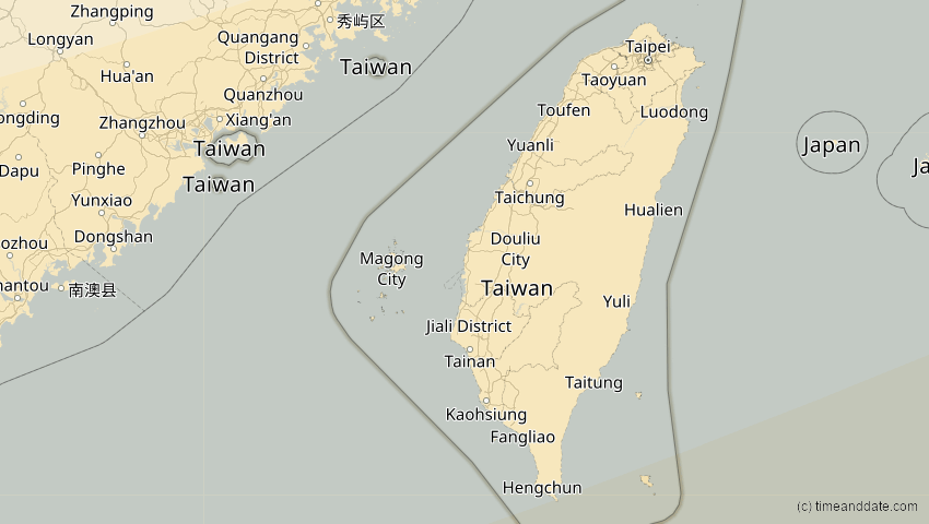 A map of Taiwan, showing the path of the 26. Dez 2019 Ringförmige Sonnenfinsternis