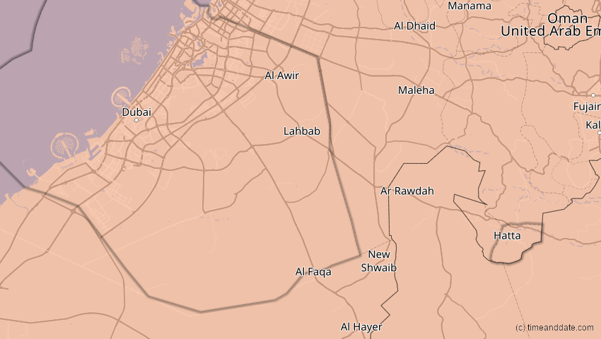 A map of Dubai, Vereinigte Arabische Emirate, showing the path of the 26. Dez 2019 Ringförmige Sonnenfinsternis