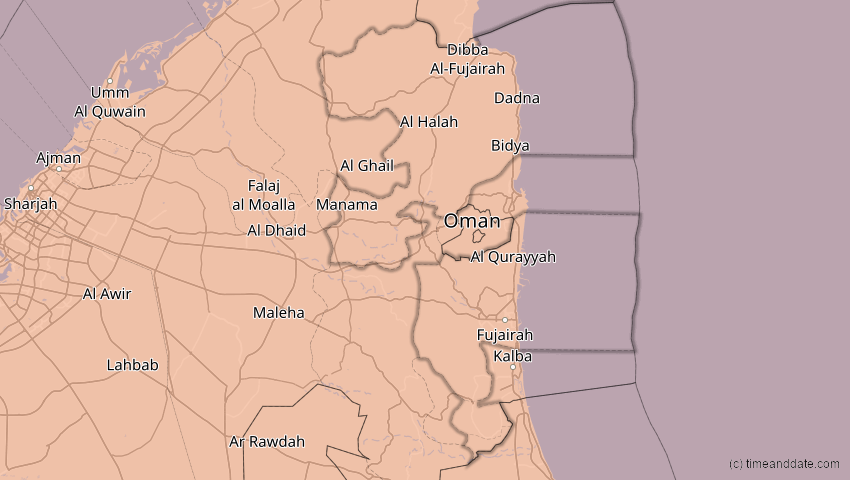 A map of Fudschaira, Vereinigte Arabische Emirate, showing the path of the 26. Dez 2019 Ringförmige Sonnenfinsternis