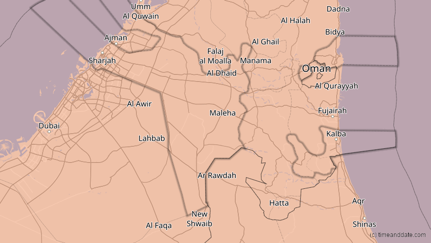 A map of Schardscha, Vereinigte Arabische Emirate, showing the path of the 26. Dez 2019 Ringförmige Sonnenfinsternis