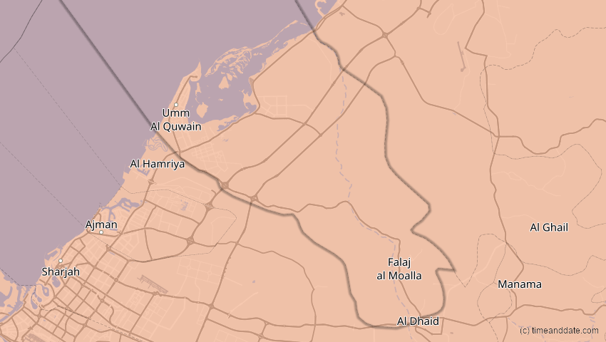 A map of Umm al-Qaiwain, Vereinigte Arabische Emirate, showing the path of the 26. Dez 2019 Ringförmige Sonnenfinsternis