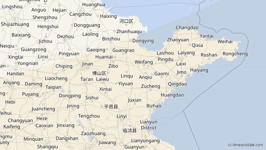 A map of Shandong, China, showing the path of the 26. Dez 2019 Ringförmige Sonnenfinsternis