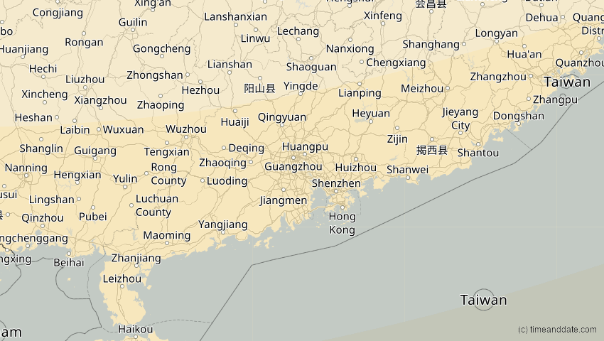 A map of Guangdong, China, showing the path of the 26. Dez 2019 Ringförmige Sonnenfinsternis