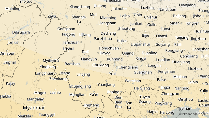 A map of Yunnan, China, showing the path of the 26. Dez 2019 Ringförmige Sonnenfinsternis