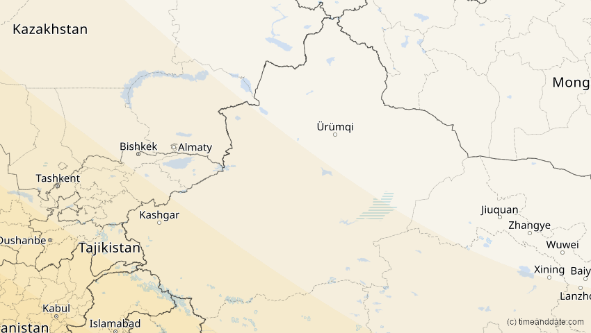A map of Xinjiang, China, showing the path of the 26. Dez 2019 Ringförmige Sonnenfinsternis