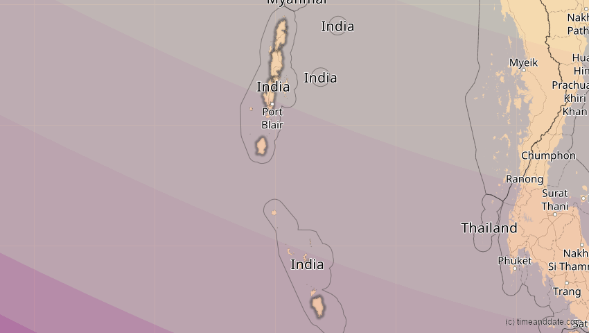 A map of Andamanen und Nikobaren, Indien, showing the path of the 26. Dez 2019 Ringförmige Sonnenfinsternis