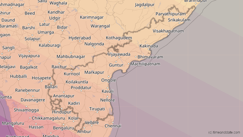 A map of Andhra Pradesh, Indien, showing the path of the 26. Dez 2019 Ringförmige Sonnenfinsternis