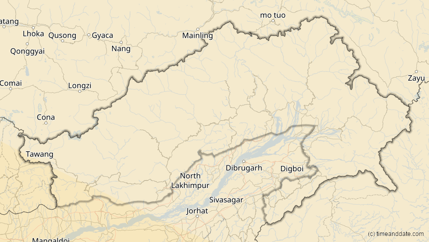 A map of Arunachal Pradesh, Indien, showing the path of the 26. Dez 2019 Ringförmige Sonnenfinsternis