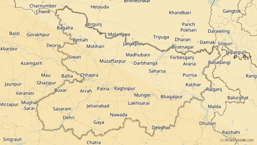 A map of Bihar, Indien, showing the path of the 26. Dez 2019 Ringförmige Sonnenfinsternis