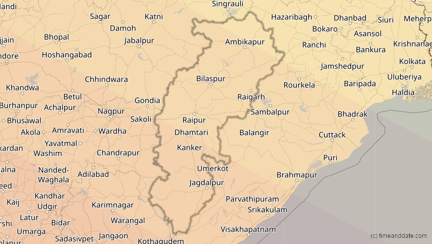 A map of Chhattisgarh, Indien, showing the path of the 26. Dez 2019 Ringförmige Sonnenfinsternis