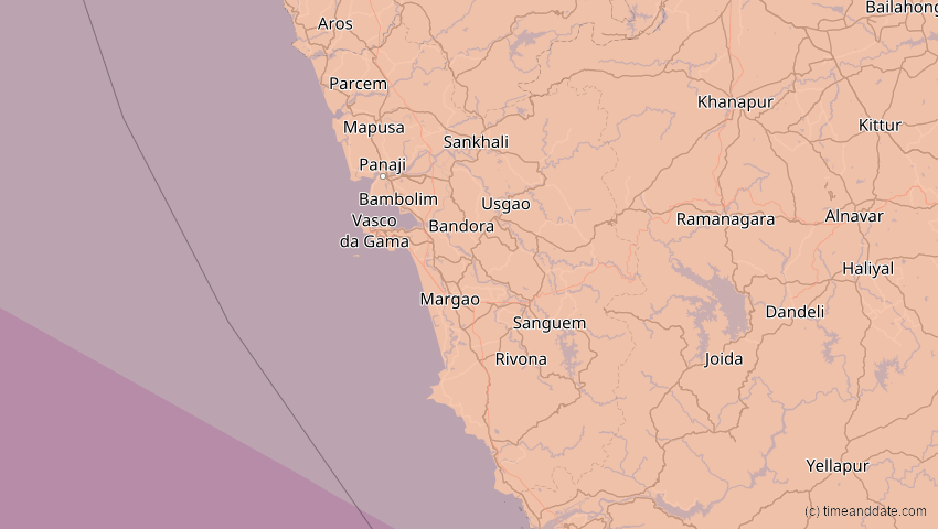 A map of Goa, Indien, showing the path of the 26. Dez 2019 Ringförmige Sonnenfinsternis