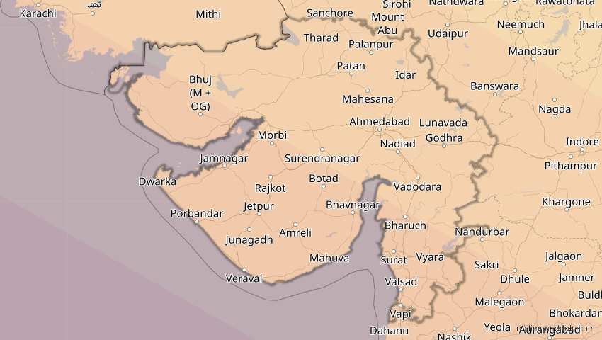 A map of Gujarat, Indien, showing the path of the 26. Dez 2019 Ringförmige Sonnenfinsternis